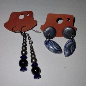 Lot of 2 Blue & Silver Fashion Costume Jewelry Drop Dangle Pierced Earrings